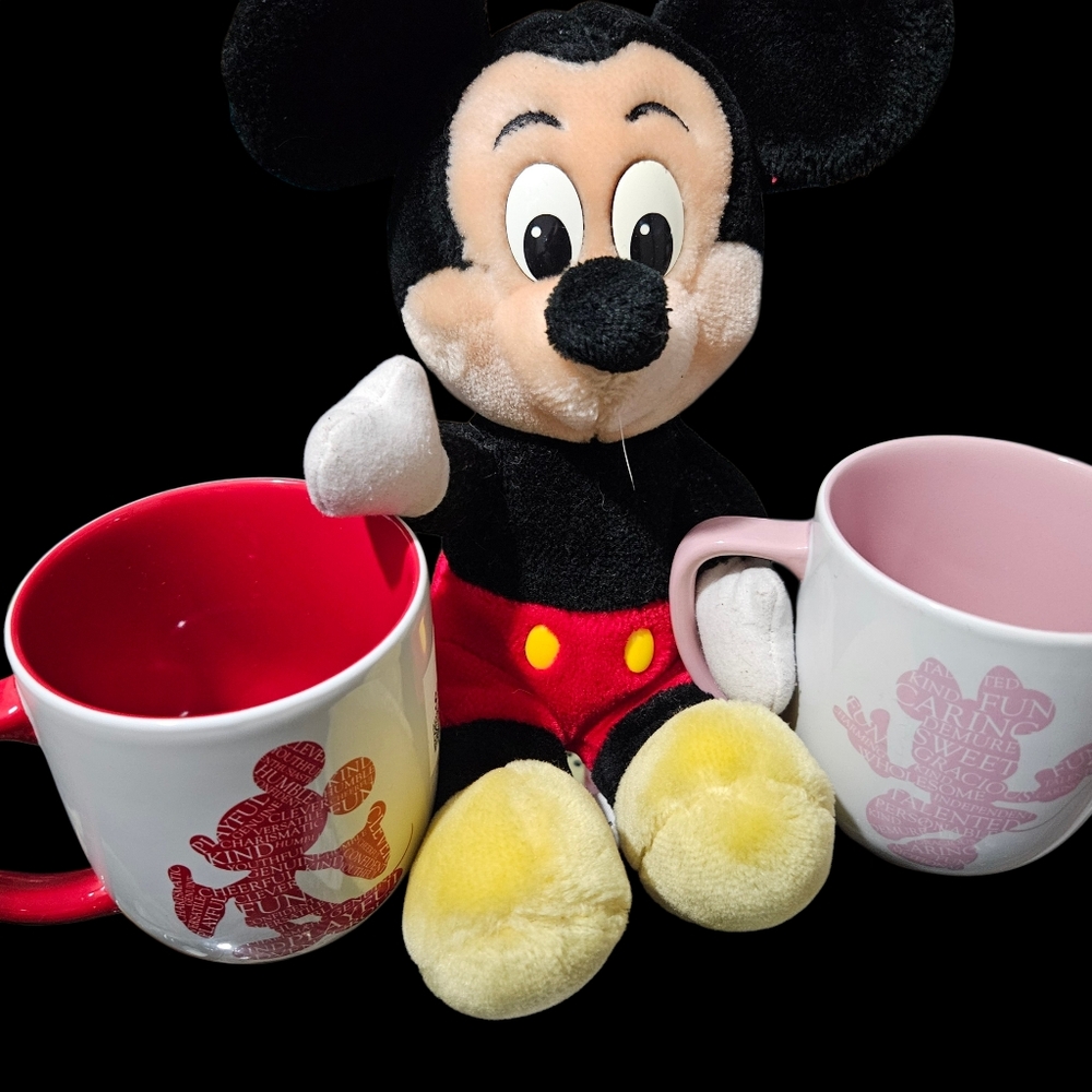 Mickey Mouse Plush with Red and Pink Mugs
